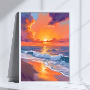 Poster Golden Hour Orange Sunset Beach Peinture Océan