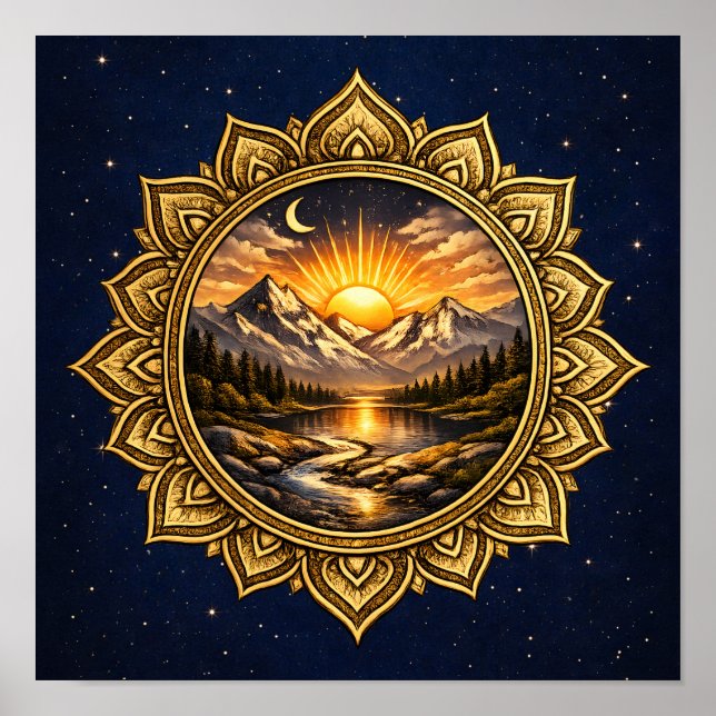 Poster Golden Mandala Mountain Sunset Cosmic Boho Nature (Devant)