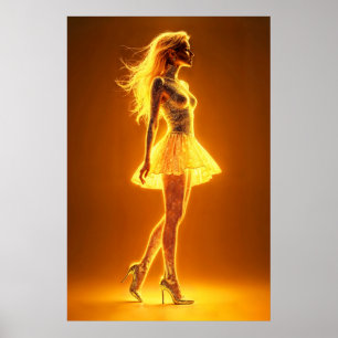 Poster Golden neon girl dans l'élégance de mode brillante
