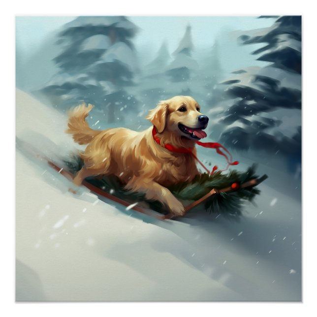 Poster Golden Retriers Noël neige hiver (Devant)