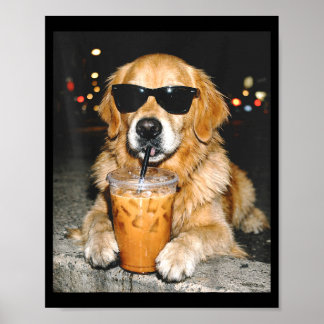Poster Golden retriever buvant du café glacé chien drôleG