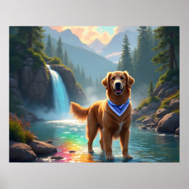 Poster Golden Retriever dans un Imaginaire Rainbow River