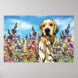 Poster Golden Retriever dans un pré de Snapdragons