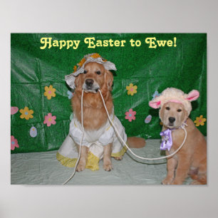 Poster Golden Retriever Girl and Lamb Happy Pâques to Ewe