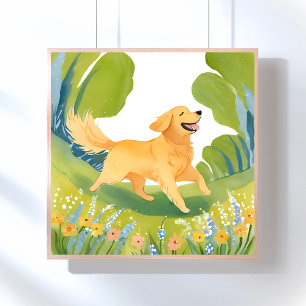 Poster Golden Retriever heureux   Peinture à l'aquarelle 