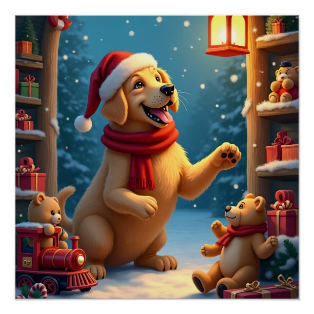 Poster Golden Retriever in Santa’s Workshop Christmas (Devant)