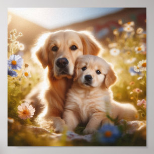 Poster Golden Retriever maman et son chiot