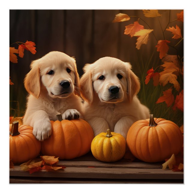 Poster Golden Retriever Puppy Automne Citrouille de plais (Devant)