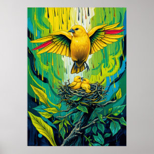 Poster Golden Songbird Nest - Scène familiale de la jungl