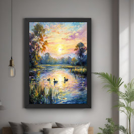 Poster Golden Tranquillité Sunset Pond Paysage avec canar