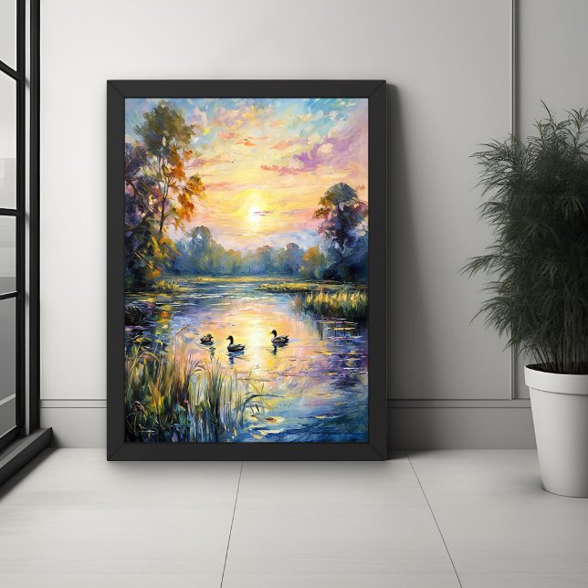 Poster Golden Tranquillité Sunset Pond Paysage avec canar (Créateur téléchargé)