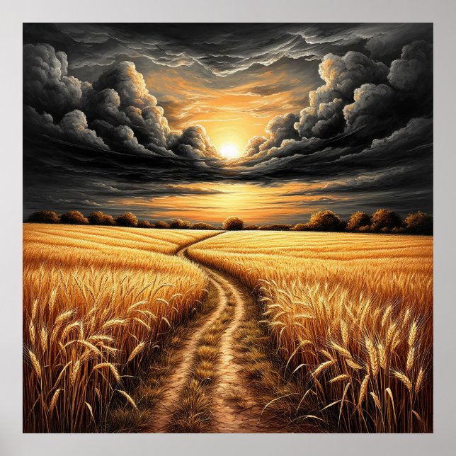 Poster Golden Wheatfield au coucher du soleil avec ciel d (Devant)