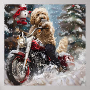Poster Goldendoodle Chien équitation Moto Noël