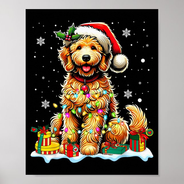 Poster Goldendoodle Christmas Santa Hat Fairy Lights Paja (Devant)