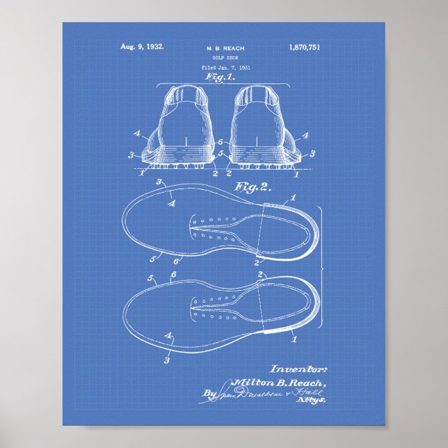Poster Golf Shoe 1932 Patent Art - Blueprint (Devant)
