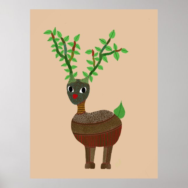 Poster Gond Reindeer Indian Folk Art Digital (Devant)