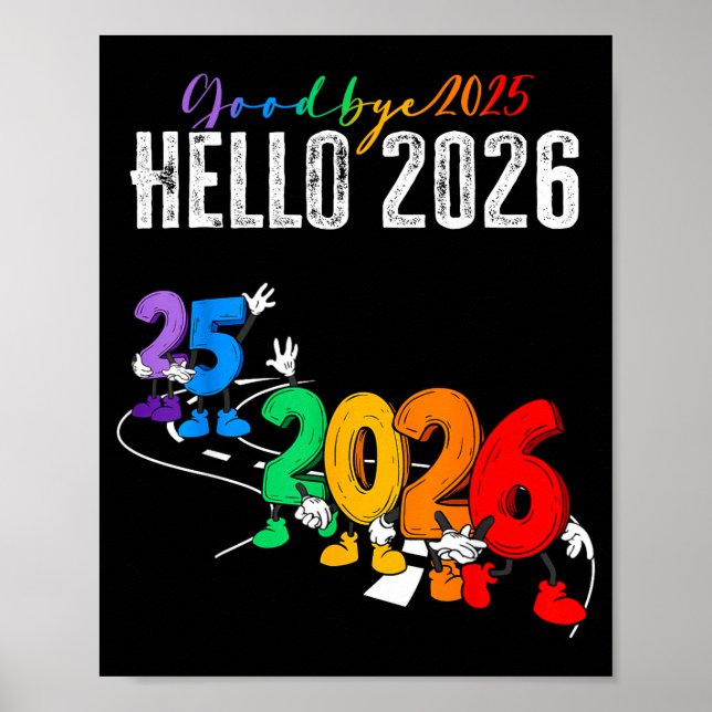 Poster Goodbye 2025 Hello 2026 Funny Cartoon New Year Boy (Devant)