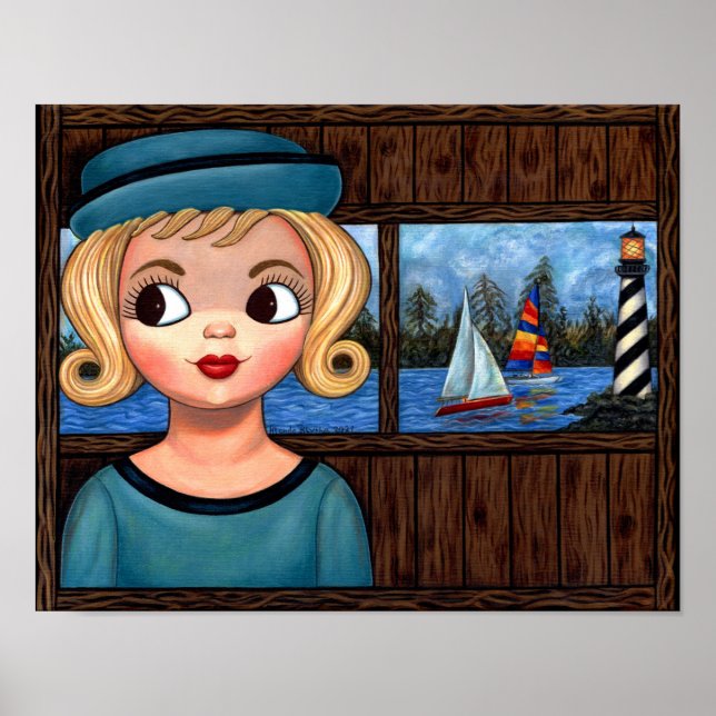 Poster Googly Girl Sailor Head Vase Lighthouse Voilier (Devant)