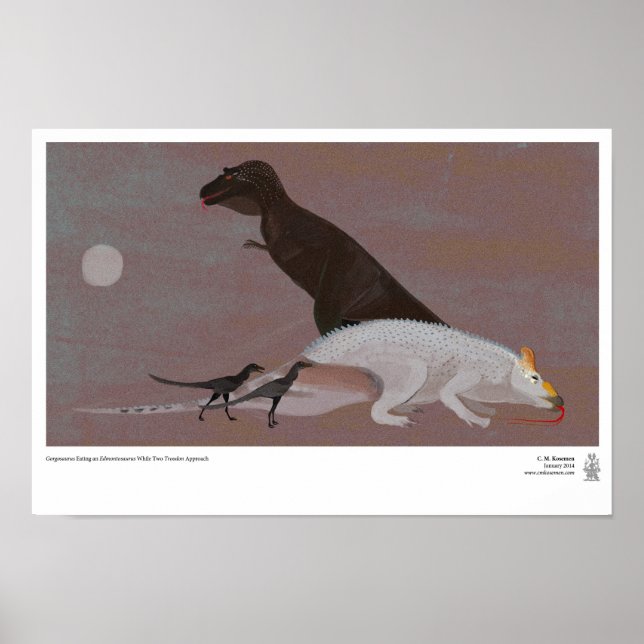 Poster Gorgosaurus mangeant un Edmontosaurus (Devant)