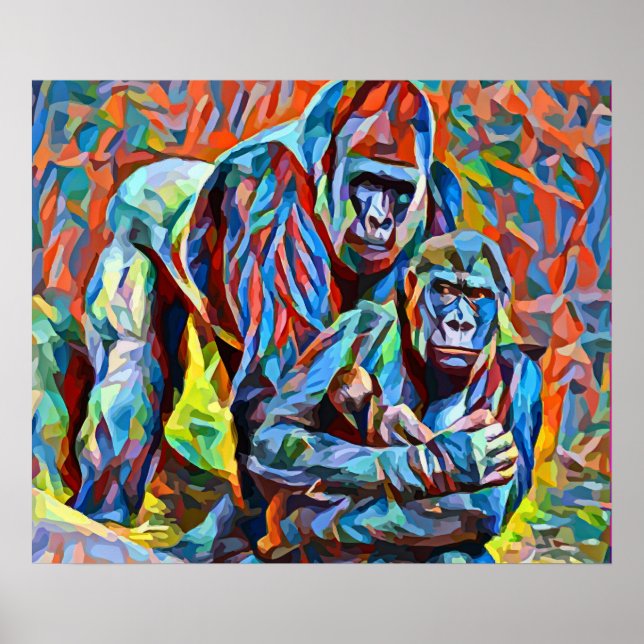 Poster Gorilla Ape Famille Animaux Abstraits Faune Art (Devant)