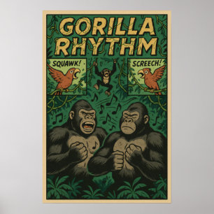Poster Gorilla Rhythm Jungle Comic - Musical Wildlife