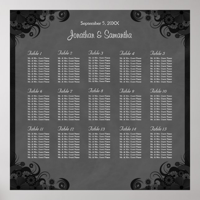 Poster Goth Black and Grey Mariage 15 Table Seating Chart (Devant)