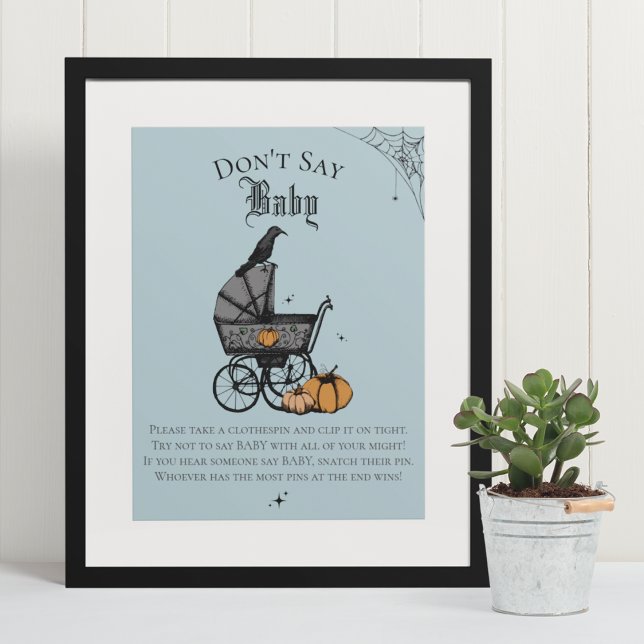 Poster Goth Halloween Ne pas dire Baby Blue Shower Jeu (Elegant & Whimsical Gothic Baby Shower Game Poster. Frame Not Included. Hand-Drawn Illustrations.)