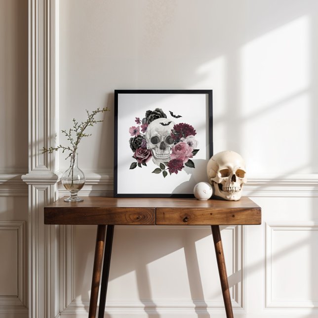Poster Gothique Chic Aquarelle Florale Squelette humain C (Gothic Chic Watercolor Floral Human Skeleton Skull Poster)