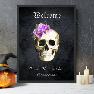 Poster Gothique Crâne violet Roses Personnalisé Halloween