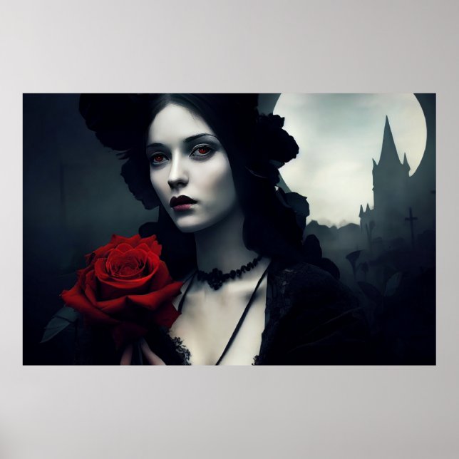 Poster Gothique Élégante Dame Rose rouge (Devant)