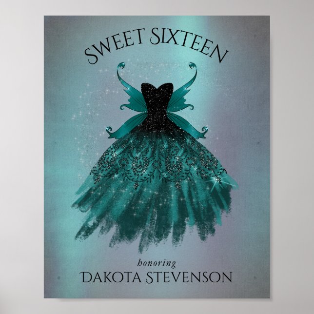 Poster Gothique Fairy Turquoise Gown | Fleur verte profon (Devant)