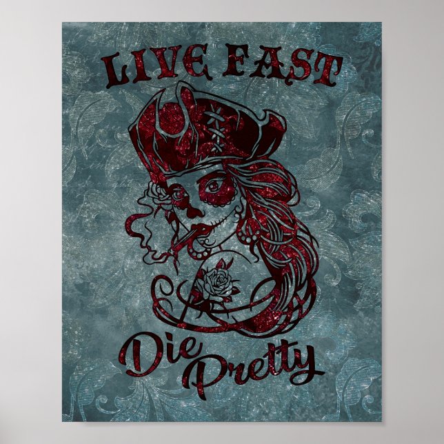 Poster Gothique Pirate Skull Femme Vivre Fast Die Jolie (Devant)