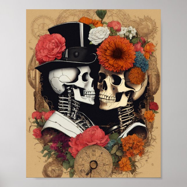 Poster Gothique Punk Rock'n'Roll Skuls in Love Wall Art (Devant)