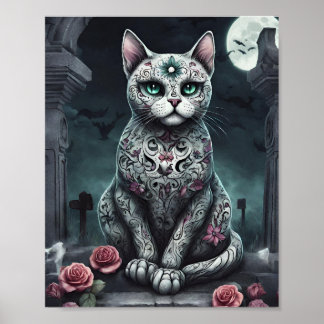 Poster Gothique "Rose dame", Jour des Morts, Chat blanc