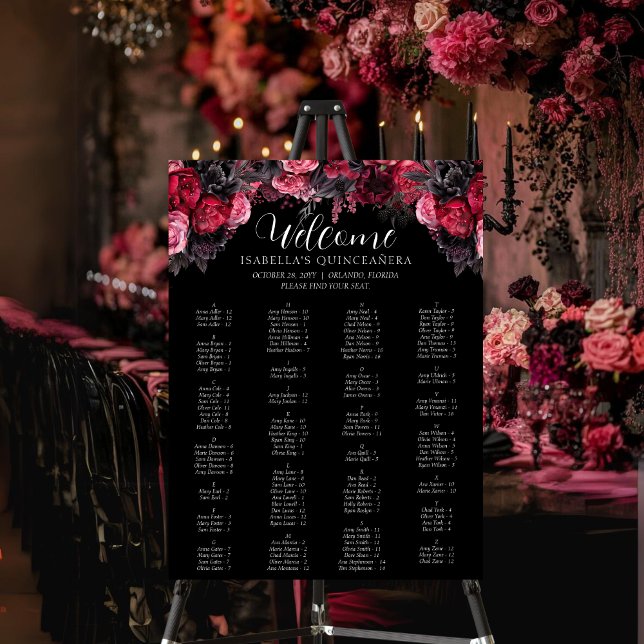 Poster Gothique rose rouge et noir Moody Florals Quinceañ (Gothic quinceañera seating chart with pink, red and black watercolor flowers.)