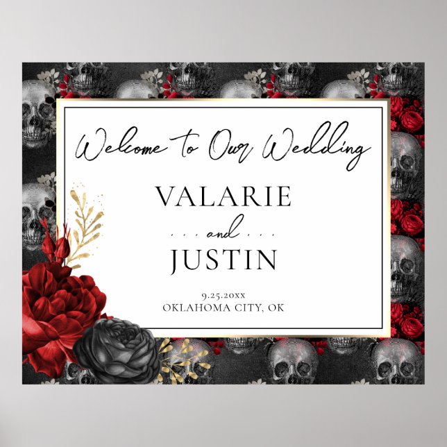 Poster Gothique Rouge Noir Floral Bienvenue Mariage en mo (Devant)