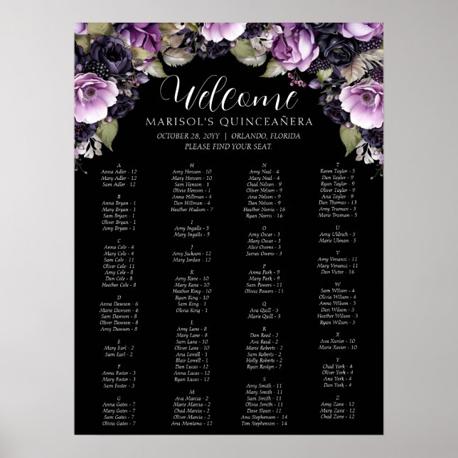 Poster Gothique violet et noir Moody Florals Quinceañera (Devant)