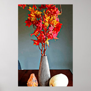 Poster Gourds rouge feuille branche arbre encore vie abst