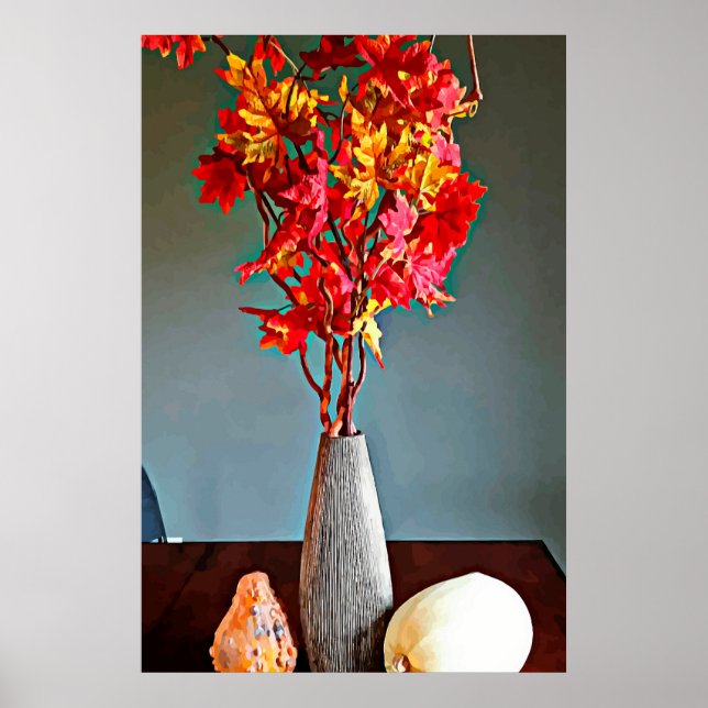 Poster Gourds rouge feuille branche arbre encore vie abst (Devant)