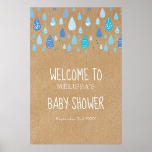 Poster Gouttes de pluie bleues Baby Shower Bohème / Bienv