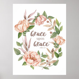 Poster Grace sur grâce - Jean 1:16 - Floral