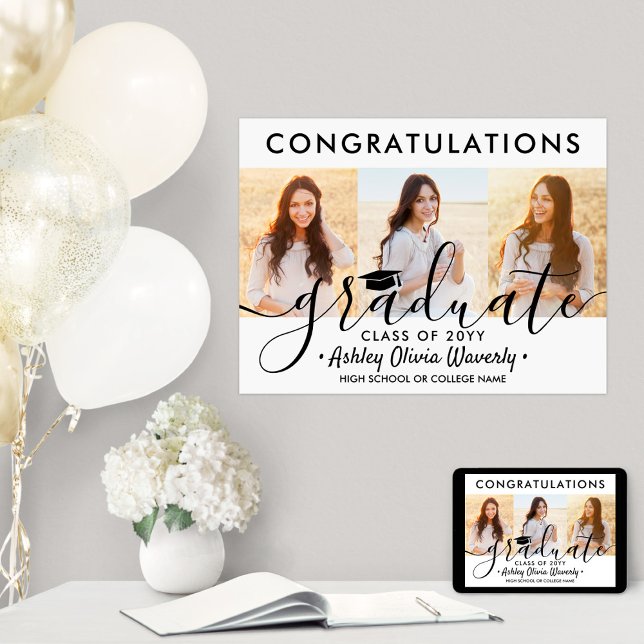 Poster Graduation Congrats 3 Photo Collage Script moderne (Créateur téléchargé)