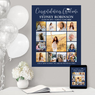 Poster Graduation Congrats Photo Collage Marine Bleu Blan