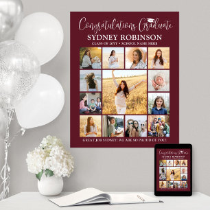 Poster Graduation Congrats Photo Collage Maron et blanc