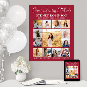 Poster Graduation Congrats Photo Collage moderne Rouge Bl