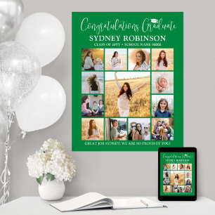 Poster Graduation Congrats Photo Collage vert et blanc