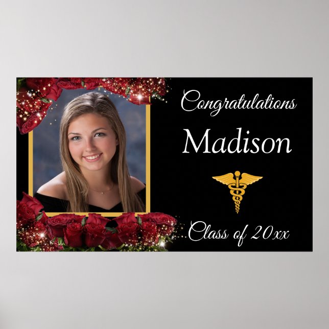 Poster Graduation Gold Caduceus Red Roses Sparkle (Devant)