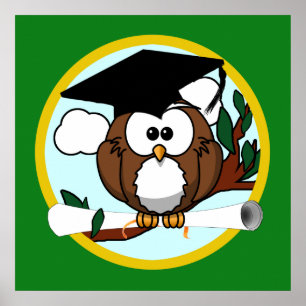 Poster Graduation Owl With Cap & Diploma - Green and Gold
