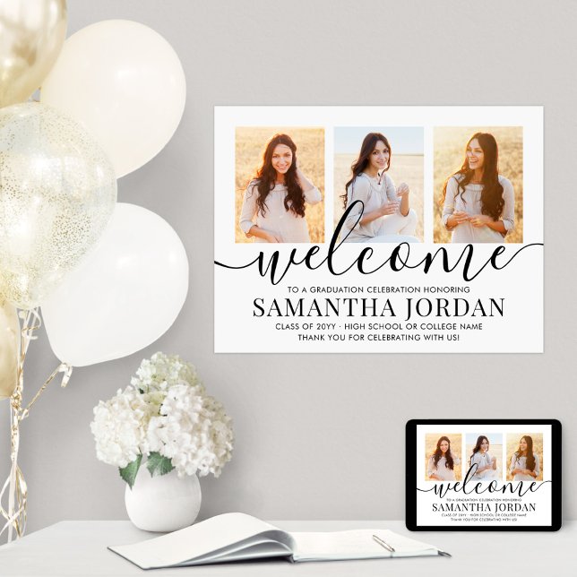 Poster Graduation Party 3 Photo & Black Script Bienvenue (Créateur téléchargé)