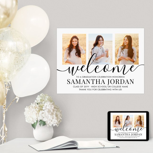 Poster Graduation Party Welcome 3 Photo Collage Blanc (Créateur téléchargé)